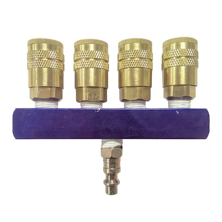 Interstate Pneumatics Aluminum Rectangular Manifold with Four 1/4" Brass Industrial Couplers & One 1/4" Steel Plug Kit FPM44S-KH4B